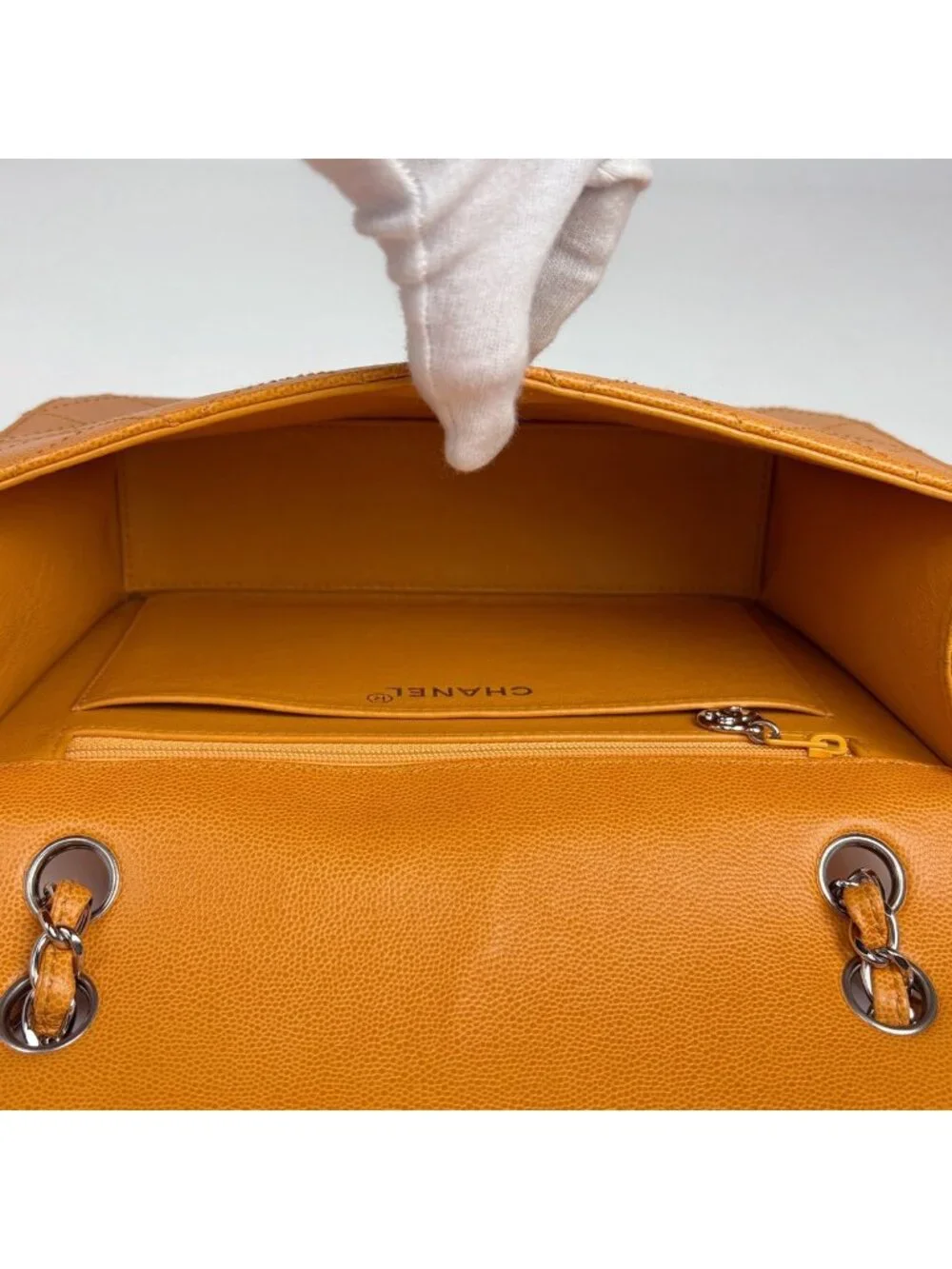 Chanel CC Logo Chain Shoulder Bag Quilted Caviar Leather Orange